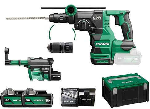 HIKOKI Marteau perforateur et burineur sans fil DH1826DC, avec aspiration de poussière, prise : SDS-plus (18 V, 5,0 Ah, vitesse de rotation à vide 4300 min-1, énergie de frappe : 3,2 J, moteur