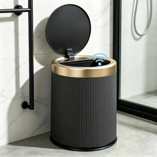 URALFA Automatic Motion Sensor Bathroom Trash Can with Lid, Touchless Trash Bin, Smart Dog Proof Garbage Can, Small Waste Basket for Toilet, Office, Bedroom, 2.8 Gallon, Dark Grey