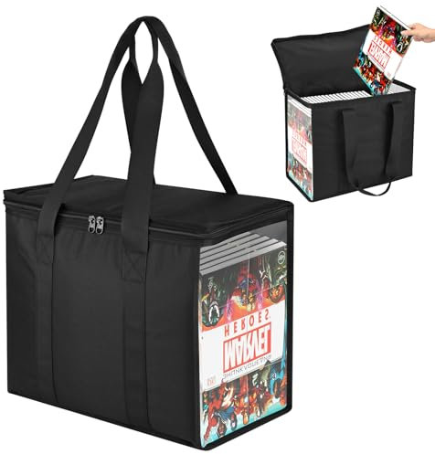 Homakover Comic Book Storage Tote, 600D Collapsible Case for 160-180 Comics, Box Holder with Carrying Handles & Clear Window, Bin Container Holder, 15.35''X7.5''X12.2'' (Black)