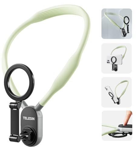 TELESIN Magnetic Neck Mount for Phones, Neck Cell Phone Holder POV/Vlog Selfie Mount Hand Free Phone Neck Holder Chest Stand Strap Video Recording for iPhone 15 14 13 12 Seires Android Phones(Green)