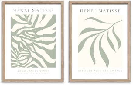 STYLER Bilder Set Sage 2x 30x40 cm (AUFHÄNGFERTIG) mit hochwertigem Holzrahmen - Henri Matisse inspirierte Kunstwerke - Klassische Moderne in Grün Beige und Weiß