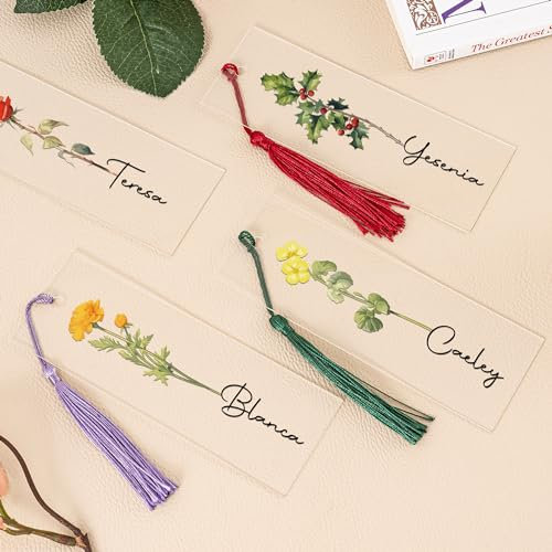 KEMEILA Acryl-Lesezeichen mit Geburtsblume, personalisiert mit Ihrem Text, ideales Geschenk für Buchliebhaber, kristallklare Qualität, einzigartig, tolles Geschenk