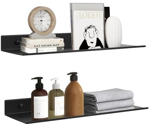 YUET Wandregal Aluminium, 2 Stück 30cm, Schwarz Schweberegal, Hängeregal | Schwimmender Boden, Bücherregal, Bilderleiste,Küchenregal Hängend für Wohnzimmer, Küche, Büro, Badezimmer