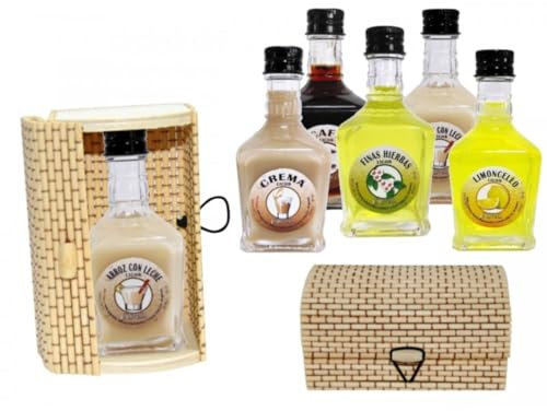 Lote de 10 Botellas de Licor Toscana La Rivera Sabores Surtidos con Caja de Mimbre. Regalos. Detalles de Bodas, Comuniones, Bautizos, Cumpleaños y Eventos.DC