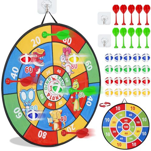 Dartscheibe für Kinder 29 inches, Montessori Spielzeug Dinosaurier Thema Dart Board mit 20 Bällen 10 Darts Brettspiele Toy, Oppelseitige Safe Game Geschenk Outdoor Indoor Spiel Wahl