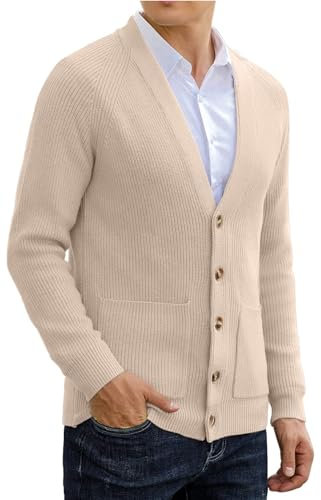 Sailwind Mens Long Sleeve Cardigan Autumn Chunky Knitted V Neck Button Cardigan Soft Cable Knit Sweater for Men (Beige, M)