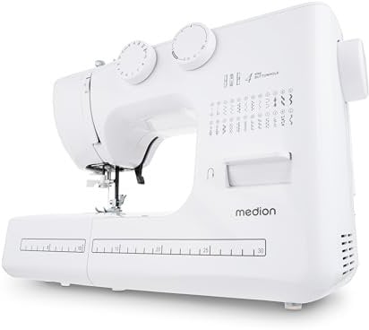 MEDION Freiarm-Nähmaschine SM60 (60 Watt, 60 verschiedene Stichmuster mit Knopflöchern, LED Nählicht, automatischer Einfädler, Rückwärtstaste, Fadenschneider, MD10689) weiß