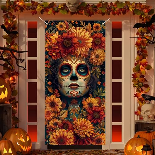 Jiudungs Cubierta de puerta de Día de los Muertos, decoración del Día de los Muertos para el hogar