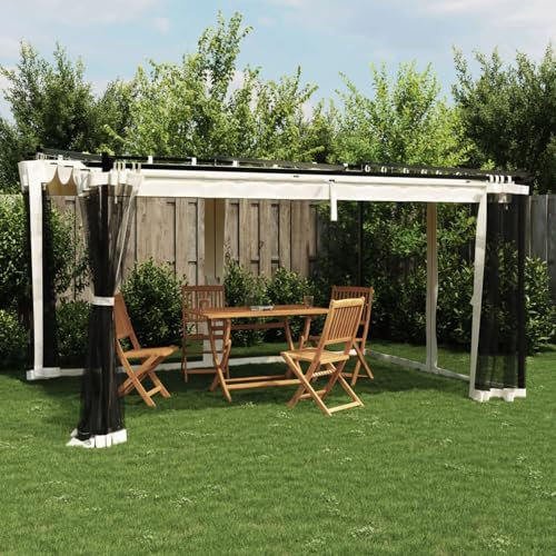 Amorsee Pérgola de Jardín con Techo y Malla, Pérgola de Aluminio 4x3 m, Cenador de Jardín con Techo Retráctil, Poliéster Resistente al Agua y a UV para Patio Terraza Exterior Crema