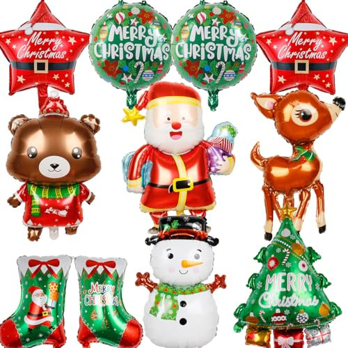 Globos de Navidad,Doyomtoy 11 piezas Decoración de Navidad Santa Claus Árbol De Navidad Muñeco de Nieve Reno para Fiesta de Navidad y Cumpleaños