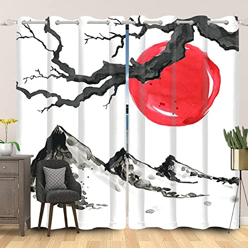 Rideaux occultants traditionnels japonais japonais pour salon, chambre à coucher, motif peinture à l'encre rouge, soleil rouge, branches d'arbre, 2 panneaux