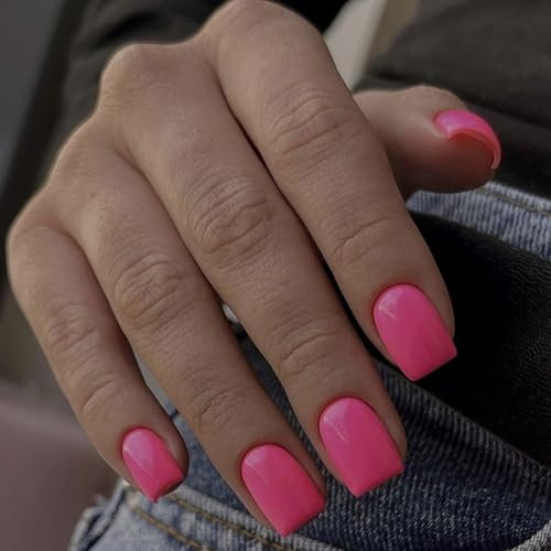 Ceboic 24Pcs Faux Ongles Court Carré Rose Rouge Press on Nails Glossy Couleur Pure Ongles à Coller Artificiels Ongles à Presser Acrylique Couverture Complète French Capsule Ongles pour Femmes Filles