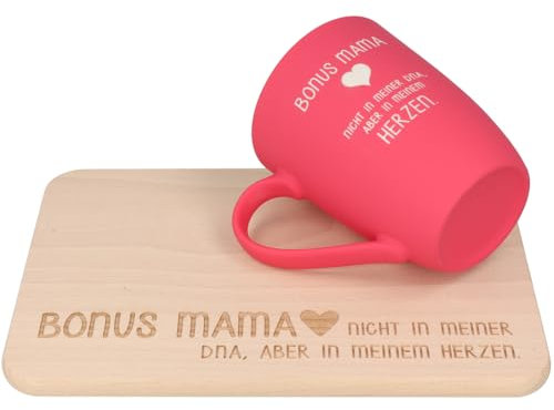 Spruchreif | 2-teiliges Geschenkset Bonus Mama | Geschenk Stiefmama | Frühstücksbrettchen zum Muttertag | Soft-Touch Tasse Mama