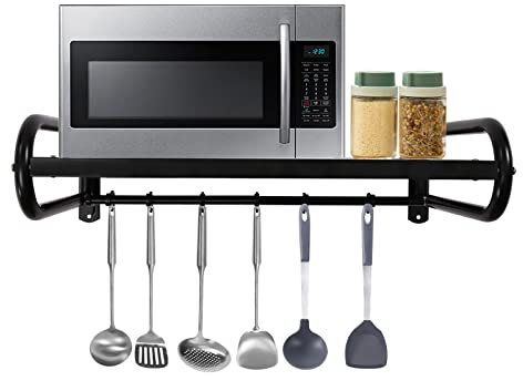 Fyssnn Microwave Shelf Wall Mounted Carbon Steel Microwave Storage Rack with 6 Hooks Black Rectangular Kitchen Shelves Suitable for Placing Various Items in Kitchen Living Room Bathroom etc