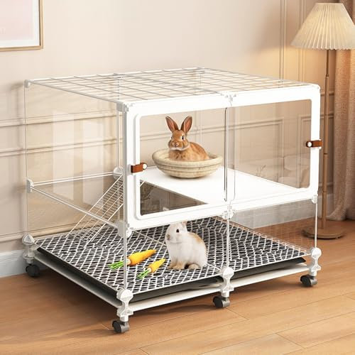Indoor Hasenstall mit Rollen, Transparentes Design mit Reinigungsschale, Kleintierstall, Einfach zu Montieren(70 * 35 * 66cm)