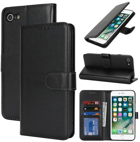 Zouzt Hülle für iPhone SE 2022/2020, 8/7 4,7-Zoll, Stoßfestes PU Leder Handyhülle Lederhülle Klapphülle mit Kartenhalter und Standfunktion Flip Leather Wallet Phone Cover (Schwarz)