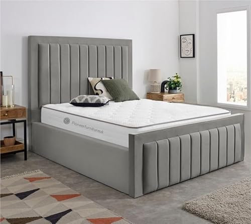 PioneerfurnitureUK Grey Velvet Ottoman Storage Bed (Gas Lift),Plush Velvet Bed 4ft6 Double bed Frame – High head-board 45inch