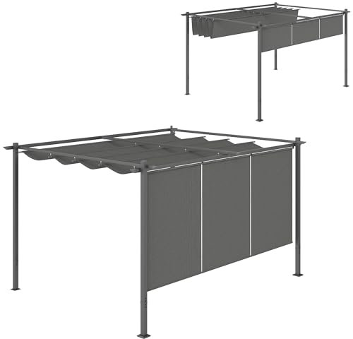Outsunny Pérgola con Techo Retráctil Pérgola de 4x3 m Cenador de Pared o Independiente con Laterales Enrollables Protección UV30+ Pabellón para Jardín Patio Terraza Exterior Gris