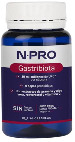NPRO Gastribiota – 30 cápsulas con Probióticos (9 cepas), Extracto de Granada, Aloe Vera, Resveratrol y Vitamina C – Apoyo para Disbiosis Gástrica y Helicobacter pylori
