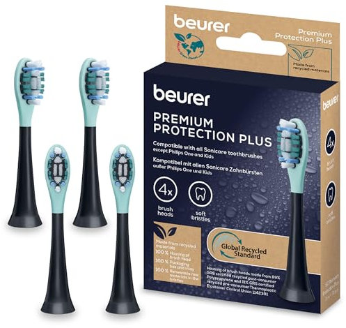 Beurer SC Protection Plus Bürstenköpfe für elektrische Zahnbürste, 4 Ersatzbürsten kompatibel mit Philips Sonicare Schallzahnbürsten, für empfindliche Zähne, Härtegrad Weich