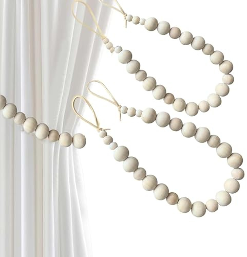 lrgnixs Curtain Tiebacks,2 Pieces Wood Bead Tie Backs for Curtains,Boho Curtain Tie Backs With Hooks,Curtain Ties for Bedroom Nursery Living Dining Decoration (Natural Wood)