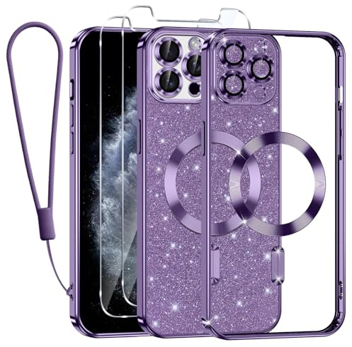 Tikfrlo Handykette für iPhone 11 Pro Hülle mit MagSafe, Glitzer Magnetisch Handyhülle Stoßfeste Silikon TPU Schutzhülle Case für iPhone 11 Pro mit 2 Stück Schutzfolie, Lila