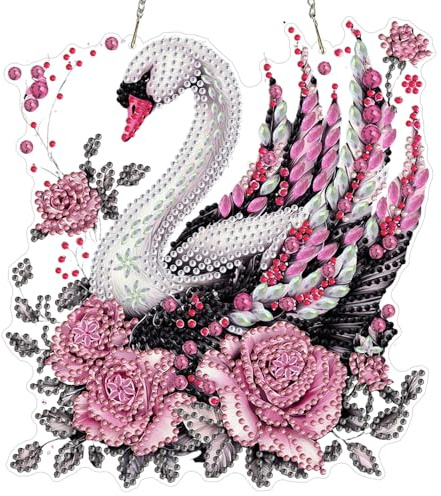 MAXBYE Diamond Painting Art Hanging Pendant Kits, Swans Diamond Crystal Ornaments for Adults, DIY Pink Roses Gem Special Shaped Hanging Pendants Art Craft Decor for Gift Home Wall & Window 20x20cm