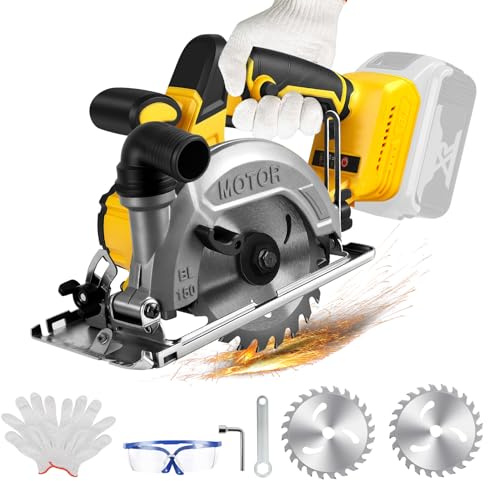 6 Inch Cordless Circular Saw for Dewalt 18V 20V Max Battery, No Battery | Brushless Motor, 0-6200 RPM, 0-45° Bevel Capability, Max Cutting Depth 1.9(90°), 1.26(45°), for Cutting Wood Plastic PVC