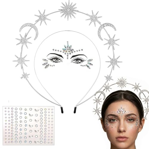 ENYACOS Sonne Mond Sterne Haarreif Gold + Face Gems & Glitzersteine – Strass Göttin Kopfschmuck Damen – Himmlischer Haarschmuck & Gesichtstattoo für Fasching, Karneval, Festival & Silvester (B)