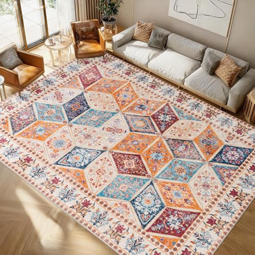 Calinline Bunt Großer Kurzflor Waschbarer Schlafzimmer Teppich, 200x230 cm | Vintage Teppich Wohnzimmer, Rutschfester Perserteppich Teppiche, Wohnzimmerteppich für Esszimmer Büro Küche Läufer