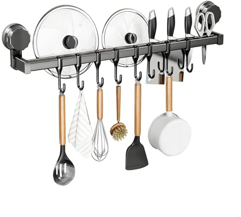 Appendi Utensili Cucina, Porta Mestoli Ventosa con Doppia Barra, 40 cm Barra Reggi Utensili Cucina per Coperchi e Coltelli, Barra Portacoperchi per Parete Cucina in Cucina e Bagno, Grigio Scuro