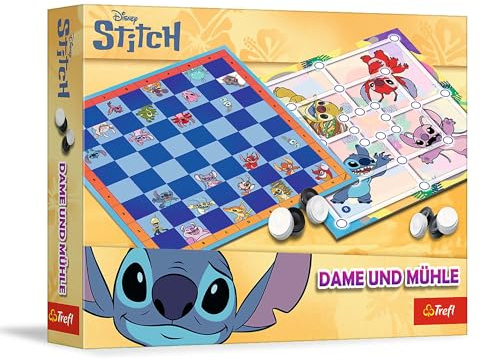 Trefl - Dame und Mühle | EIN Familienbrettspiel mit den Figuren aus dem Märchen Lilo & Stitch, für Kinder ab 6 Jahren