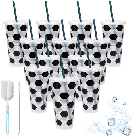 KQWVZ 12PCS 24 oz Plastic Football Cups, Plastic Tumblers with Lids and Straws, BPA Free, Drink Cups with Lids and Straws Brushes, for Coach Fan Men Women Sports Game Team Decoration