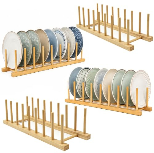 4 Stück Tellerständer Tellerhalter Bambus Geschirrständer Abtropfgestell | Plate Holder Bamboo Abtropfständer Bambus Deckelhalter Topfdeckelhalter, für Teller Tassen Topfdecke(8 Steckplätze)
