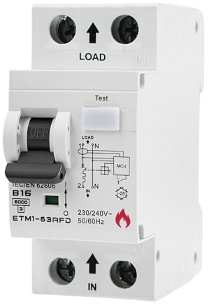 Jadeshay Brandschutzschalter AFDD B16 Fehlerlichtbogen-Schutzeinrichtung 16A B-Charakteristik (3-5 In Strom) 1P+N 16A Brandschutzschalter mit Lichtbogenfehlerschutz, Überlastschutz, Kurzschlussschutz