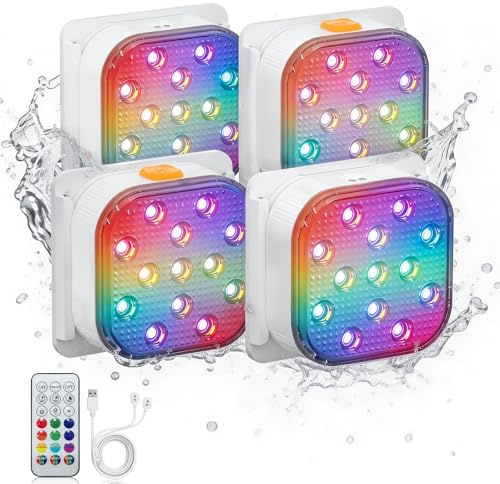 SoulBay Unterwasser Poolbeleuchtung Magnetisch Aufladbar mit Fernbedienung | RGB Bunte Pool Licht, Wasserdicht LED Schwimmende Teichbeleuchtung für Schwimmbad Teich Party Aquarium Garten Deko, 4er Set