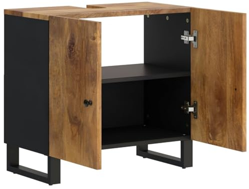 ATOMSTACK MAKER Meuble sous lavabo de salle de bain en bois de manguier massif avec pieds en fer, 62 x 33 x 58 cm, marron miel – Armoire à 2 compartiments pour un rangement ordonné et un support