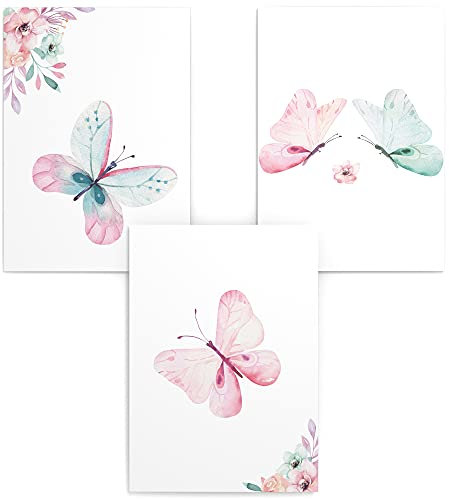 Papierschmiede® Kinderposter 3er Set, DIN A4 (21x30 cm) Wanddeko, Geschenk für Jungen & Mädchen Kinderzimmer Babyzimmer, Schmetterlinge