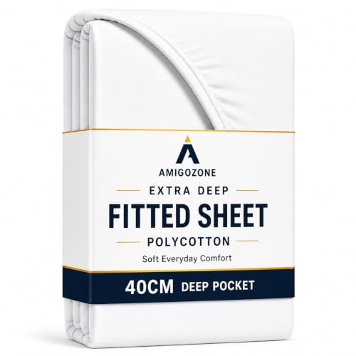 AmigoZone Extra Deep 16(40cm) Non Iron Percale Pollycotton Fitted Sheets (Small Double/4FT White)