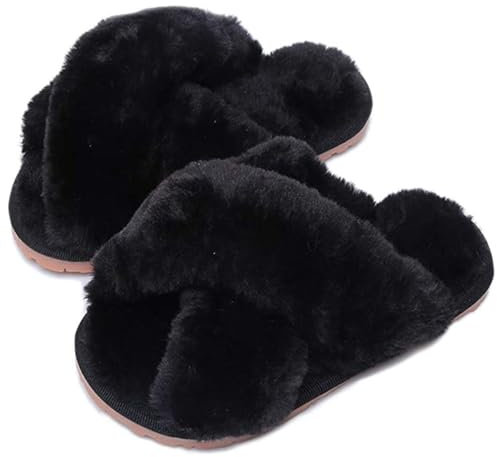 Hitopteu Pantofole Donna Peluche Casa Scarpe Bambini Invernali Slippers Ciabatte Aperta Pantofole Pelose Fluffy Infradito nero EU 39/40 per la dimensione dell'etichetta 40/41