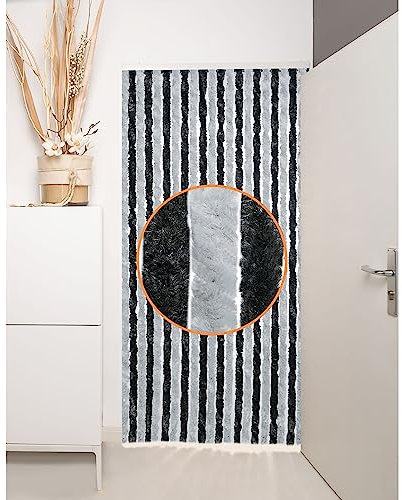 DEFACTO Flauschvorhang Türvorhang (90x200 cm) Chenille Fliegenschutz Insektenschutz Camping 100% Made In Italy - Vielseitig, Leicht Zu Reinigen, Effektiver Sicht- Und Hitzeblocker - Black/Grey
