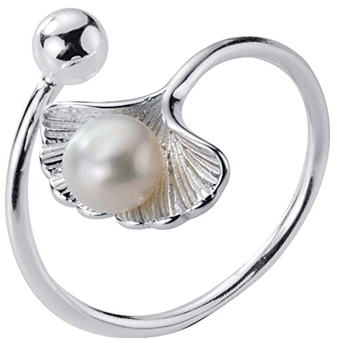 Helen de Lete S925 Sterling Silber Elegante Perle auf Ginkgo Blatt Verstellbarer Ring, Sterling Silber