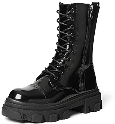 DREAM PAIRS Women's Combat Boots Lace up Mid Calf Boots Low Heel Chunky Platform Lug Sole Riding Boots,Size 7,Black,DMB215