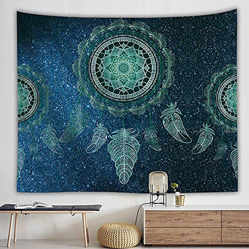 Wandteppich Traumfänger Grün Federn,Wandtuch Mandala Wanddeko Schlafzimmer Deko Boho Style Tapestry,Makramee Wandbehang Psychedelic Wand Tuch,200x150 cm