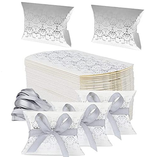 Srup 50 Stück Kissen Geschenkbox, Hochzeits Party Geschenkschachteln Papier, Kissen Kästen Süßigkeit Kasten, Gastgeschenke Geschenkboxen mit Bändern, Pralinenschachtel aus Papier, Kleine Geschenkbox