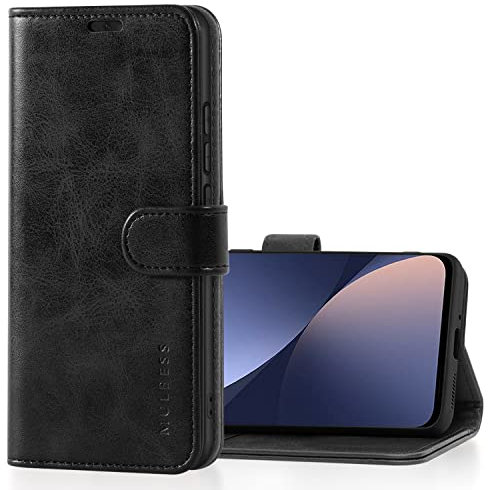 Mulbess Hülle für Xiaomi 12 / Xiaomi 12X 5G Handyhülle, Flipcase mit Stand Funktion, TPU Stoßfeste, Etui Karten Schutzhülle, Vintage Schwarz