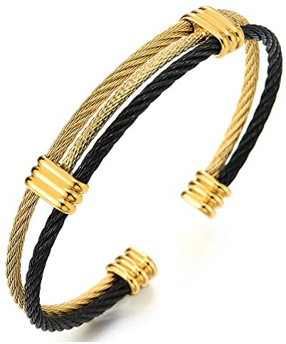 COOLSTEELANDBEYOND Edelstahl Elastische Herren Damen Armband Verstellbare Stahlkabel Armreif Schwarz und Gold Zweifarbig