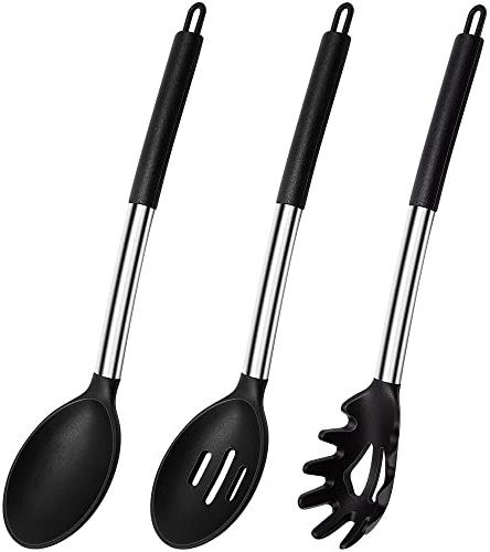 Kochlöffel Silikon, 3 Stück BPA-freies Silikon Antihaft Schlitzöffel Volllöffel Spaghettiheber Kochlöffel set, hitzebeständige Silikon Kochlöffel Küchenutensilien zum Mischen und Servieren, Schwarz