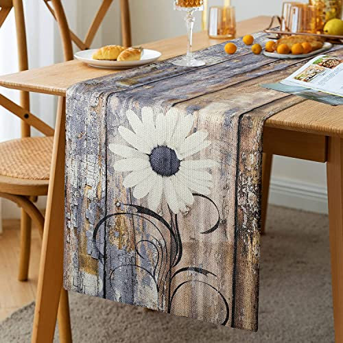 Tischläufer Modern Tischläufer Frühling Braun Blau Leinen Tischläufer Vintage Umweltfreundlich Strapazierfähig Weißes Gänseblümchen Tischläufer Landhausstil für Esszimmer Party Urlaub 33 x183 cm