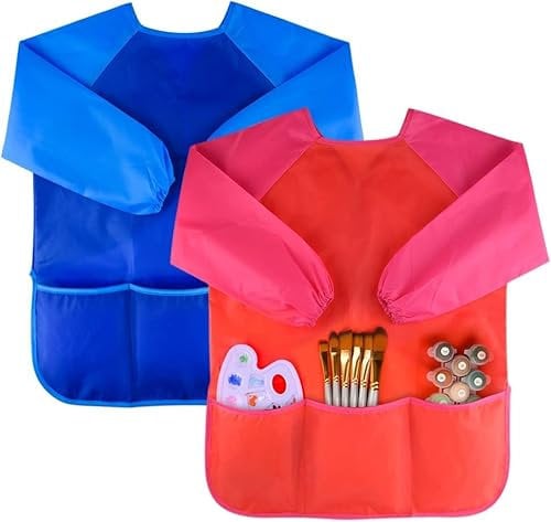 Voarge 2 Stück malschürze kinder, wasserdicht, malschürze kinder schule ab 2 bis 8 Jahren, Nylon, M(Rot + Blau)